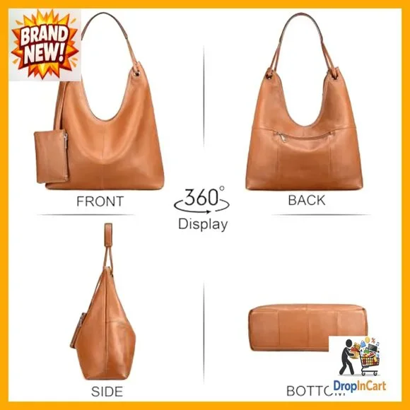 Genuine Cowhide Leather Hobo Handbag Shoulder Bag Purse with Coin Pouch